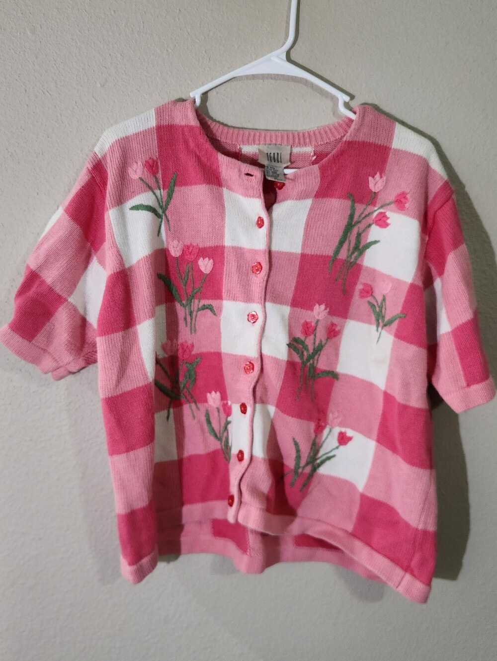 Vintage Teddi Embroidered Knit Short Sleeve Button Down Sweater Top XL - Picture 2 of 9